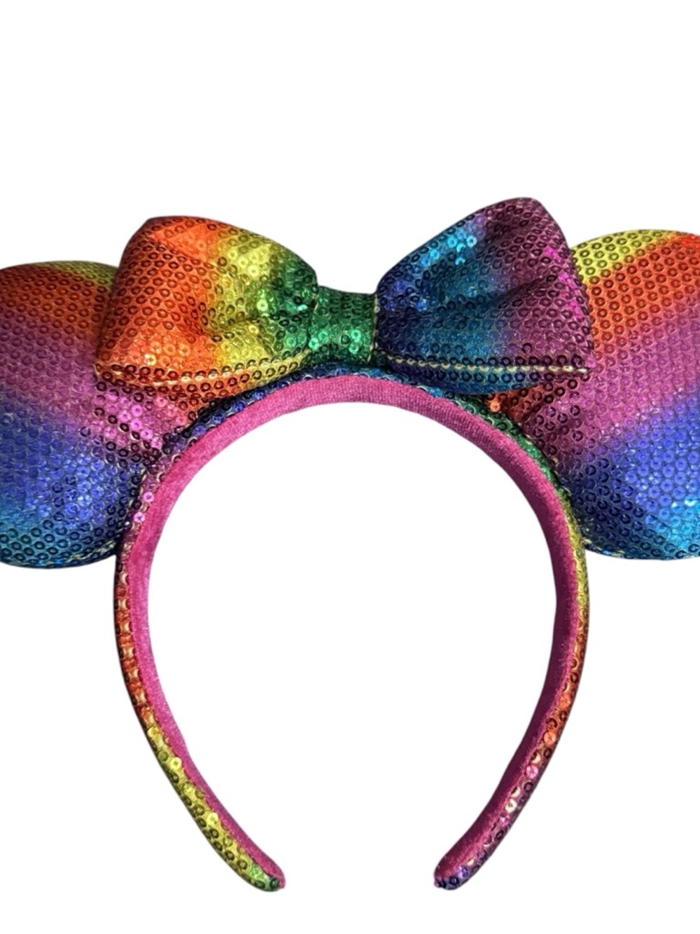 Disney Parks Vibrant Rainbow Sequin Minnie Mouse Headband Ears Celebrate Pride